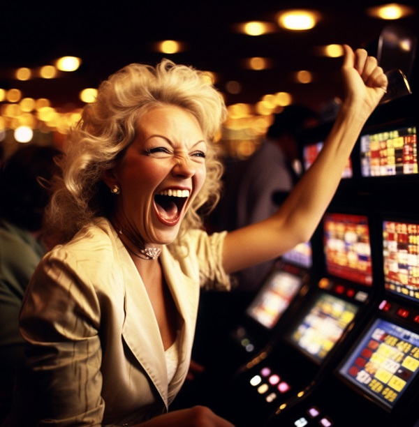 Woman having a good time at slot machines in the casino